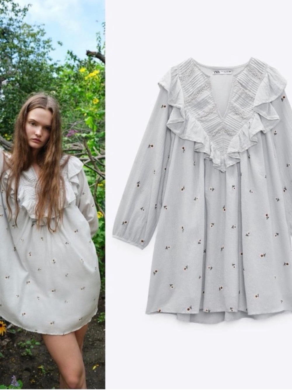 ZARA Light Blue Daisy Embroidered Ruffle Mini Dress Size M